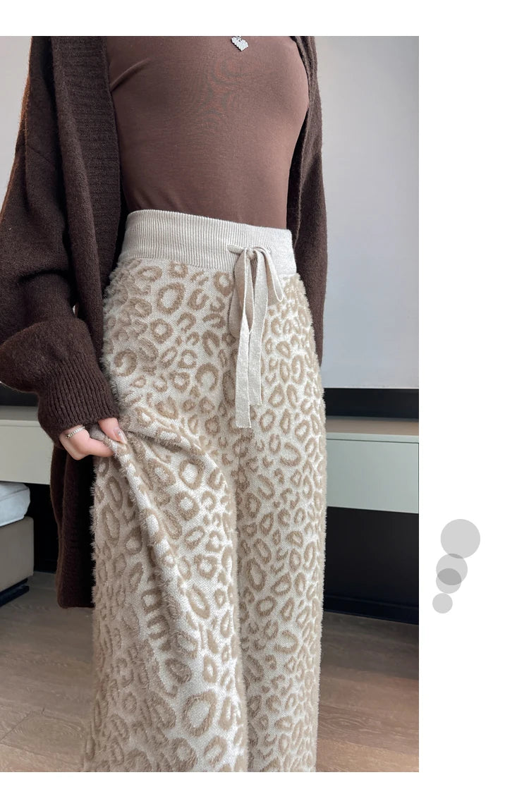 Leopard Print Contrast Color Basic Full Length Wide Leg Pants