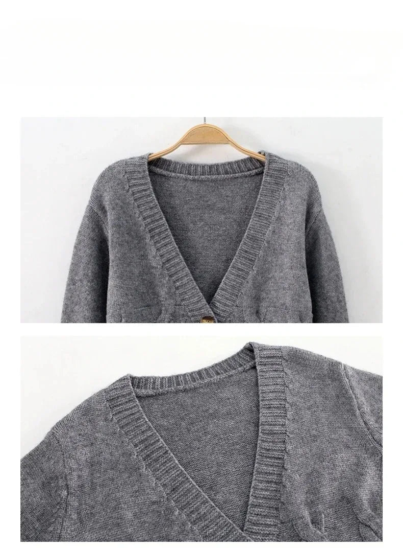 V Neck Cropped Cardigan Women Long Sleeve Twist Knitted Sweater Coats Autumn Winter Keep Warm Korean Fashion Jacket Cardigan
