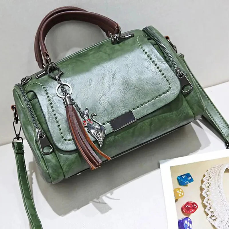 Textured Crossbody Satchel with Tassel Charm