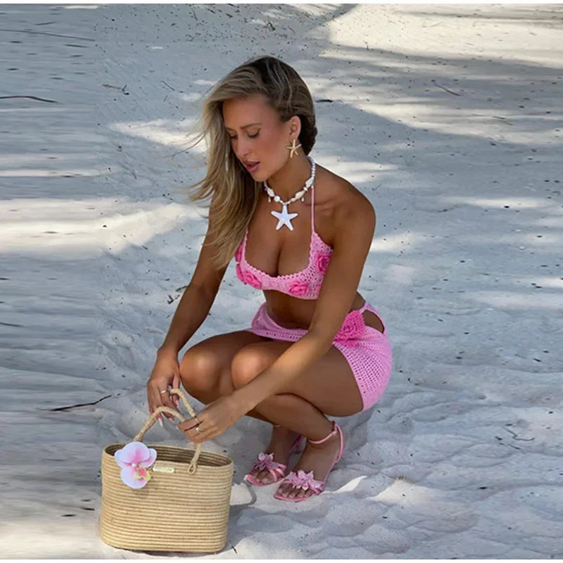 Sexy Beach Knit Outfits Women Crochet Flower Bikini Mini Skirt Sets 2025 Summer Halter Sleeveless Backless Top Holiday Suits