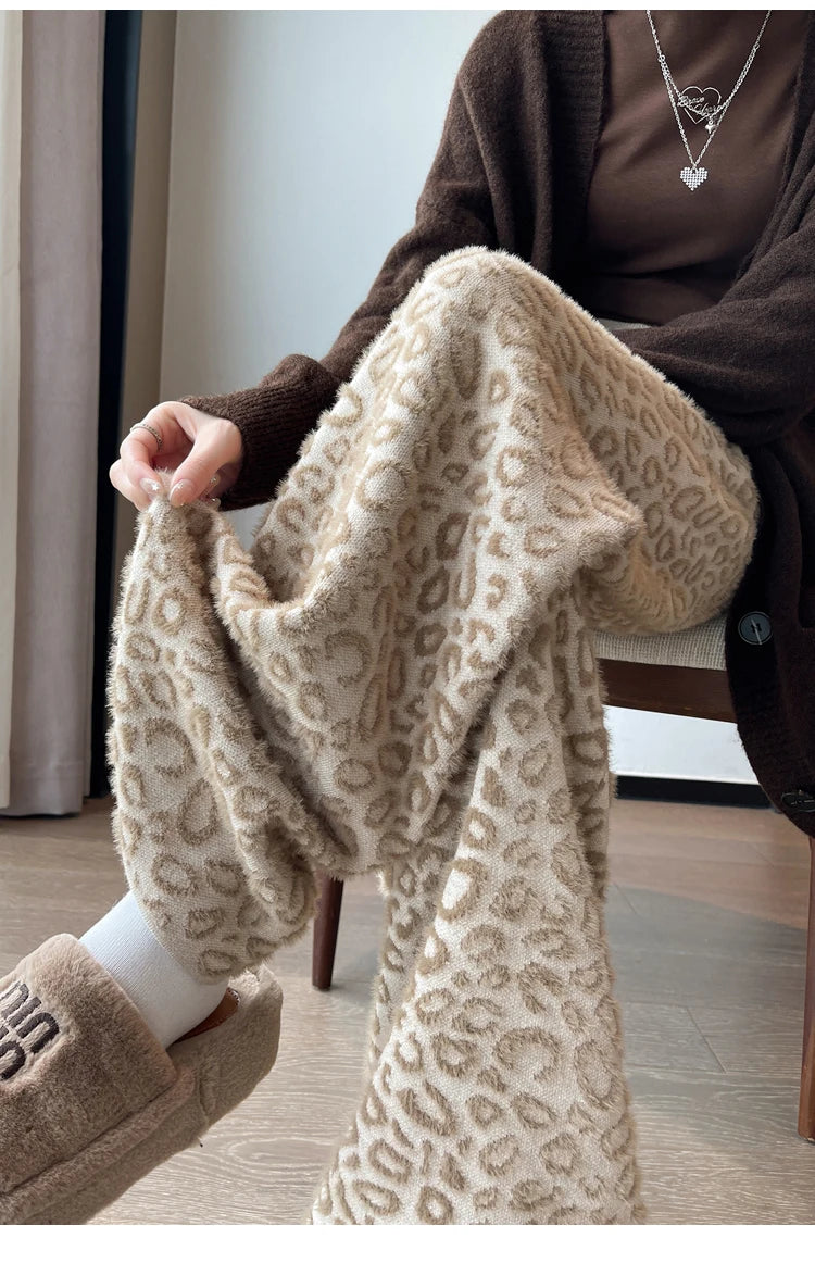 Leopard Print Contrast Color Basic Full Length Wide Leg Pants