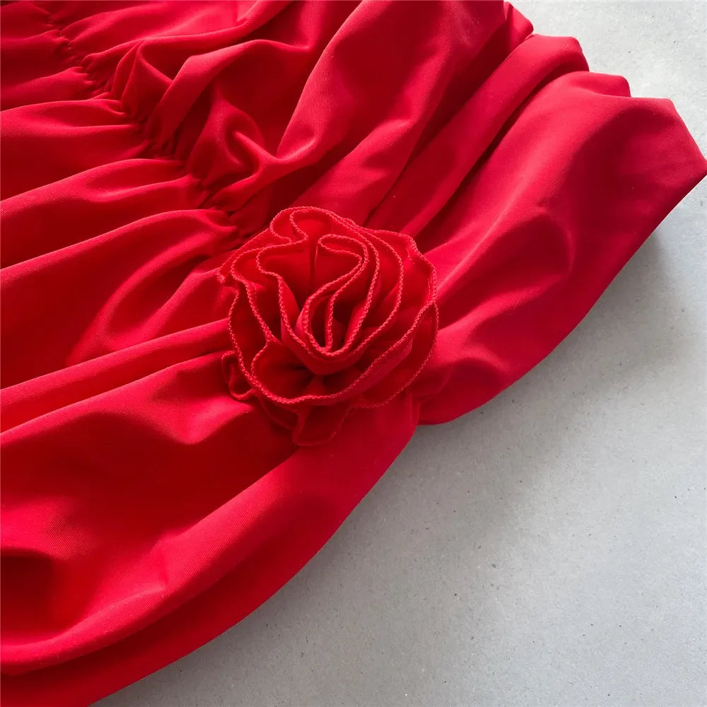 Red 3D Flower Swimwear Cover Up 3 Piece Bikini Set