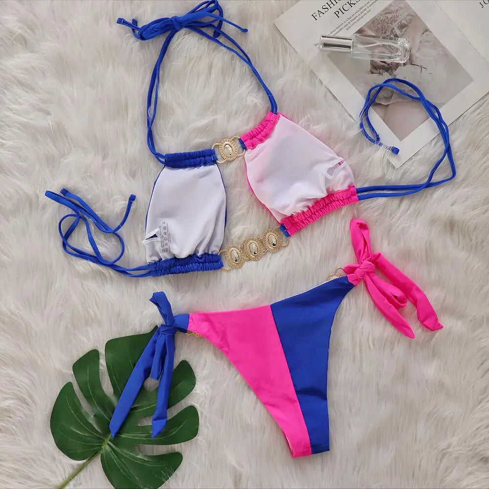 Rhinestones Splicing Bikini Set