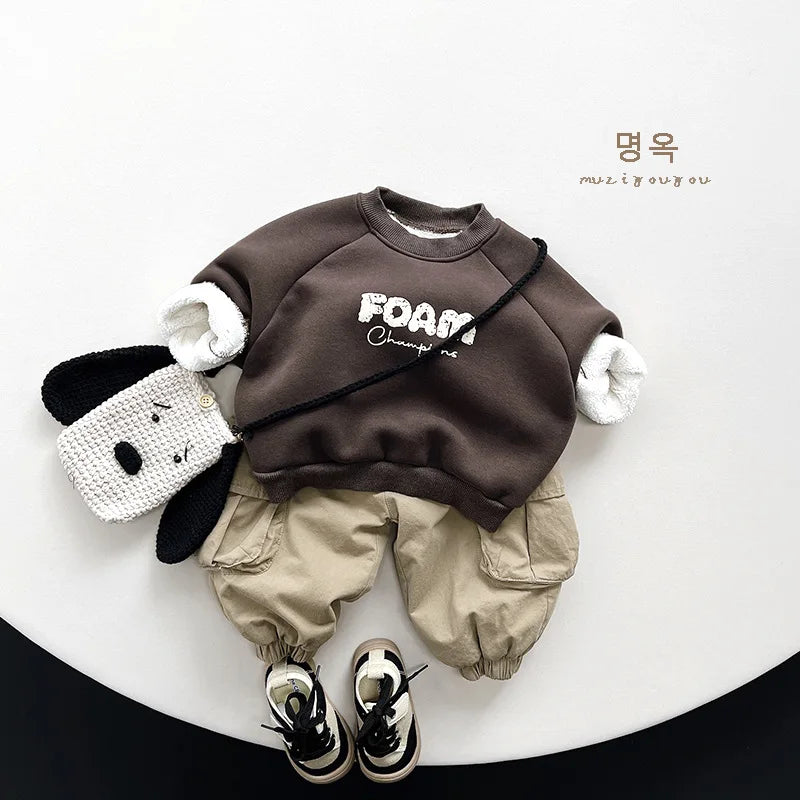 Winter New Children Loose Trousers Plus Velvet Thicken Baby Boy Girls Solid Casual Pants Fashion Kids Fleece Warm Cargo Pants