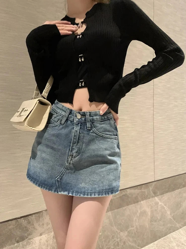 High-Waisted Denim Short Skirt