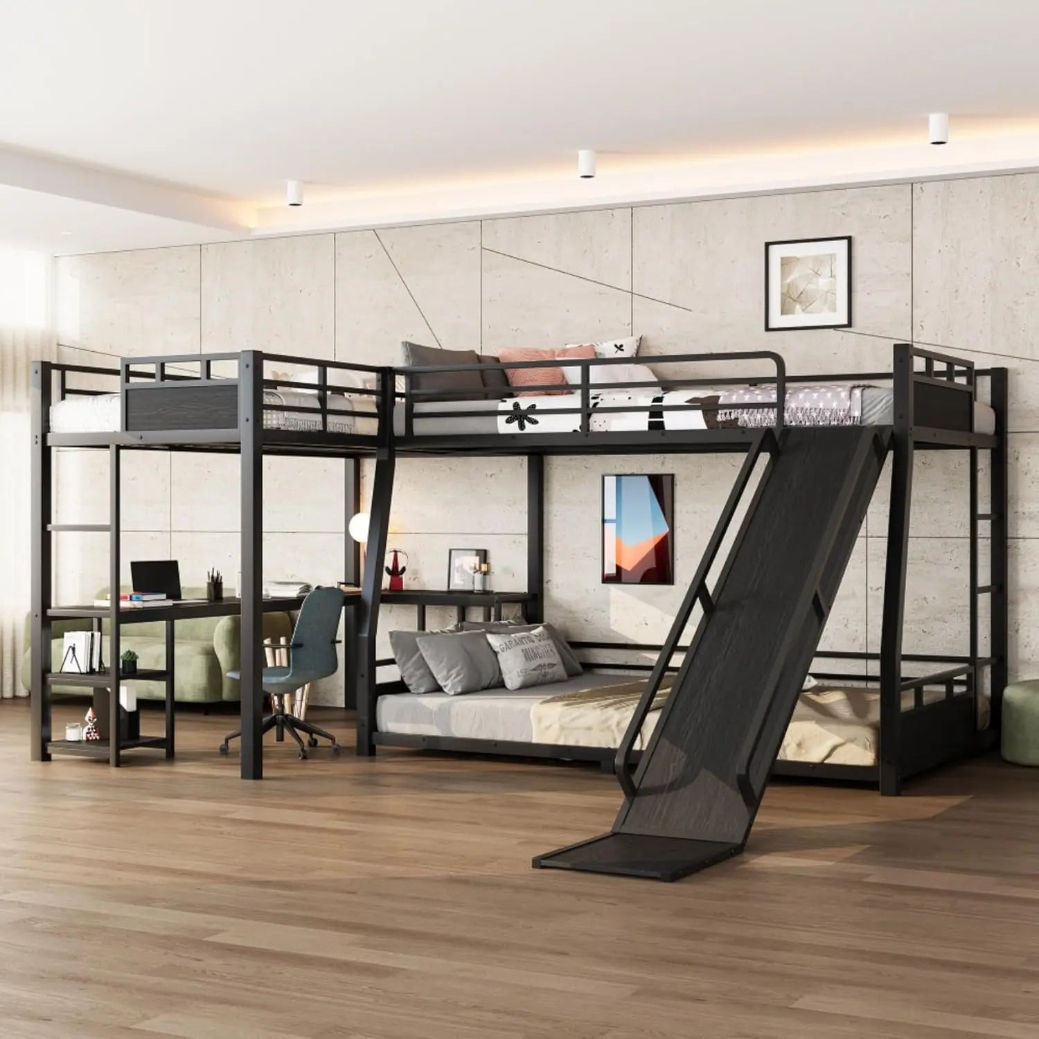 Queen Over Twin Over Twin Metal BunkBed with Storage Stairs and Shelves