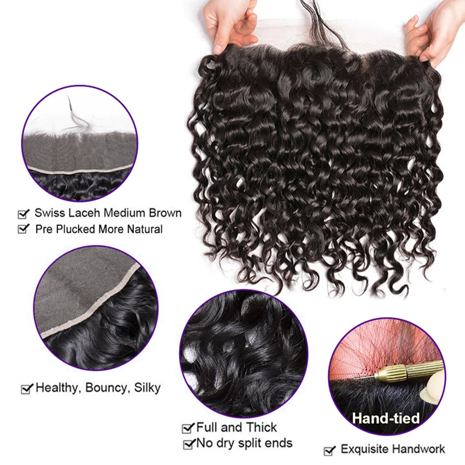 15A Malaysian Hair Bundles With Frontal Kinky Curly Bundles With Frontal 13x4 Ear to Ear Lace Frontal Human Hair Weave Extension