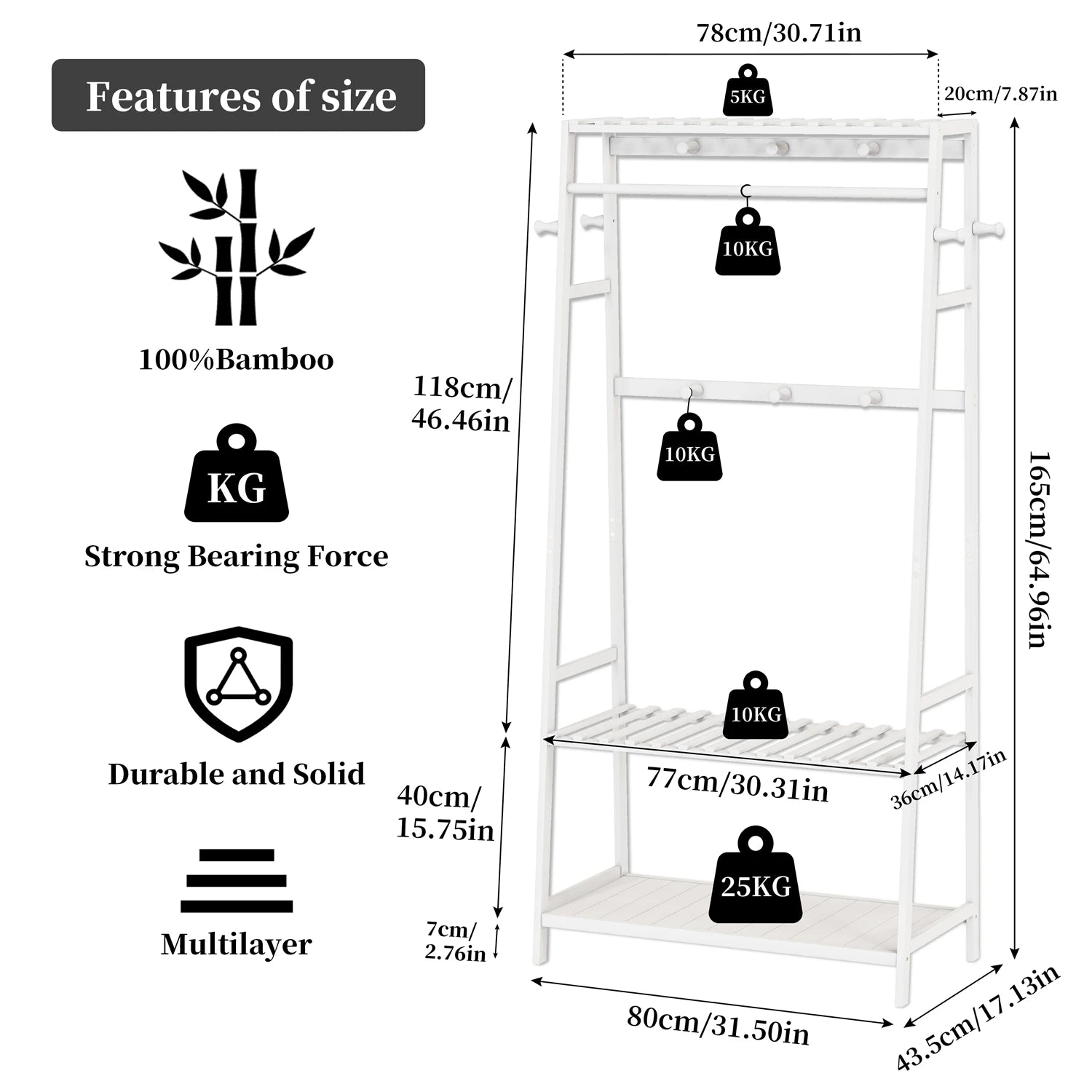 Free Standing Garment Rack Heavy Duty Bamboo Clothes Hanging Stand with Storage Shelves and Hooks