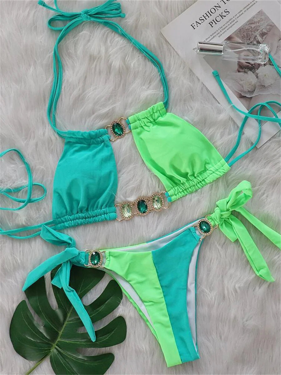 Rhinestones Splicing Bikini Set
