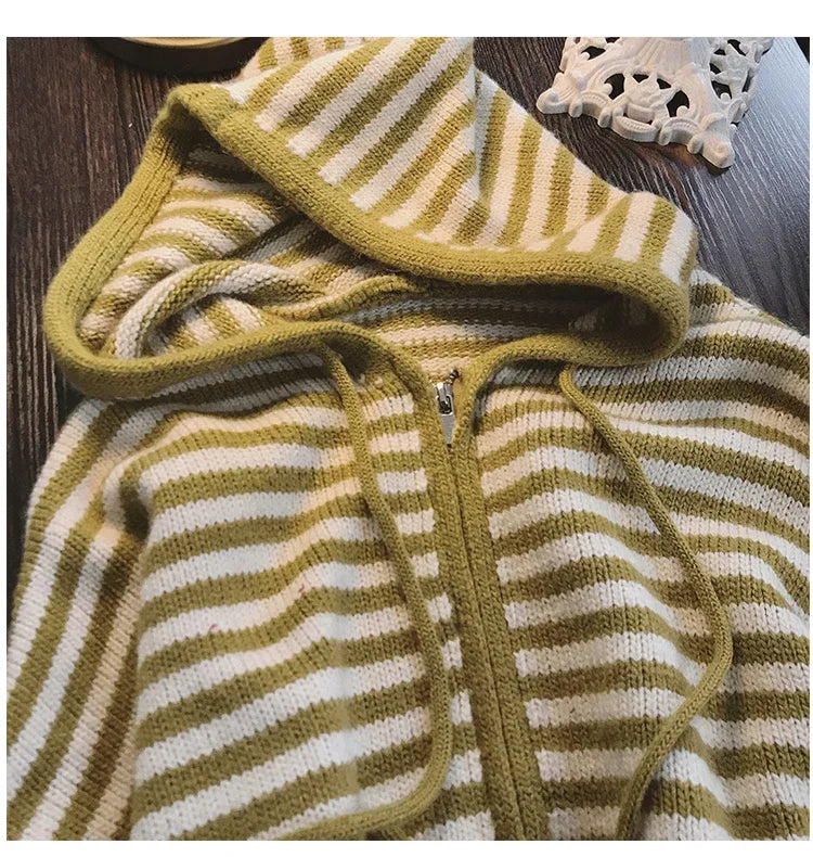 Contrast Color Stripe Hood Knit Cardigan Women Autumn and Winter New Loose Design Sense Long Sleeve Cardigan Sweater Outerwear