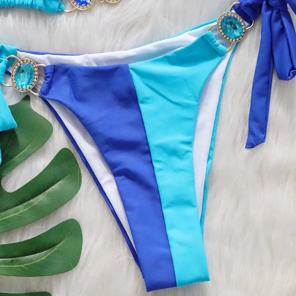 Rhinestones Splicing Bikini Set