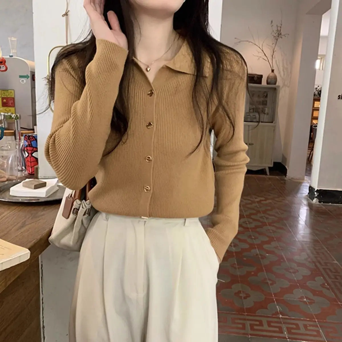 Autumn Elegant Fashion Solid Knit Cardigan Women Clothing Chic Turn-down Collar Long Sleeve Sweater All-match Elegant Button Top