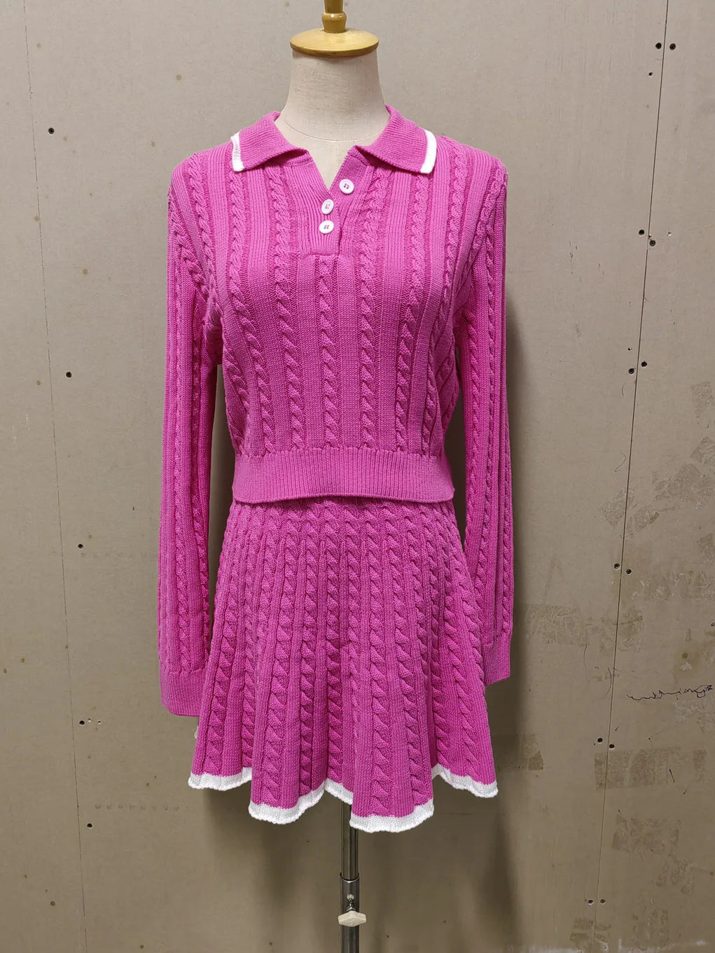 Patchwork Contrast Long Sleeve Lapel Pullover And High Waist Mini Skirt Outfit