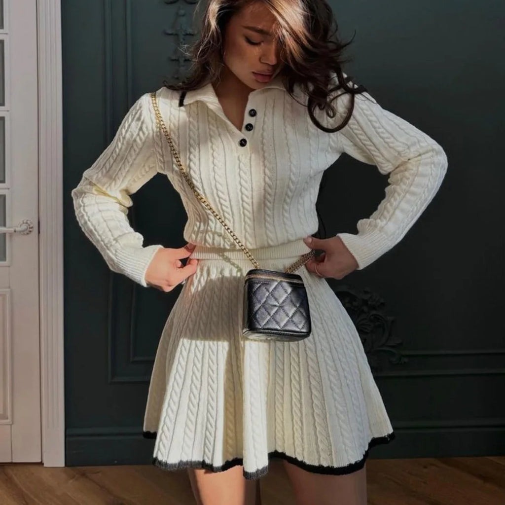Patchwork Contrast Long Sleeve Lapel Pullover And High Waist Mini Skirt Outfit
