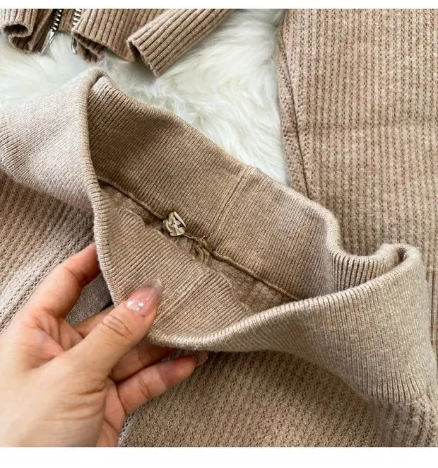 Zipper Hooded Slim Fit Knitted Sweatshirt Set