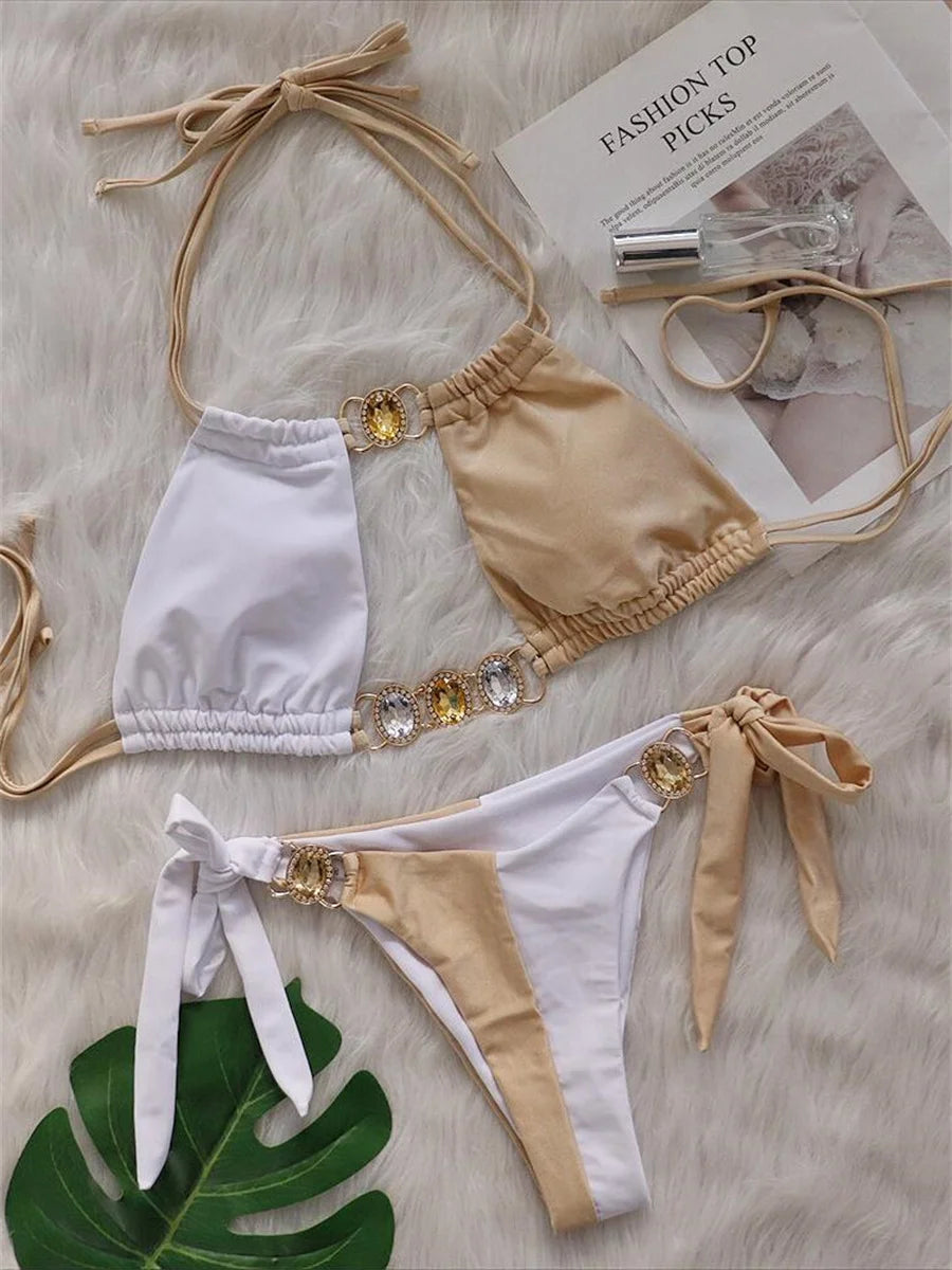 Rhinestones Splicing Bikini Set
