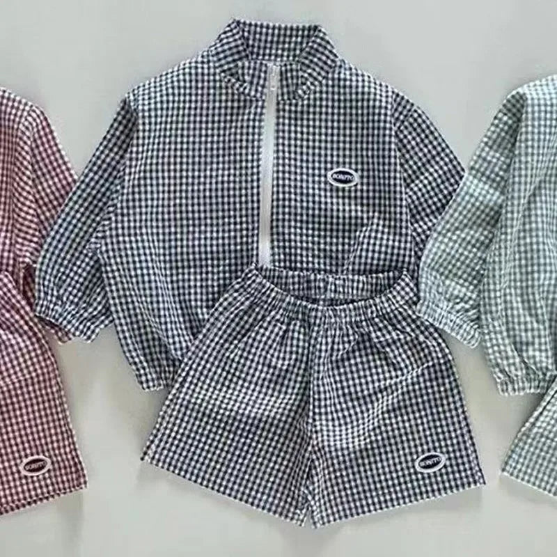 Children's Plaid Loose Coat New 0-5Y Boys Long Sleeve Sunscreen Jacket +shorts Girls Zippered Jacket Top Shorts Sun Proof Sets