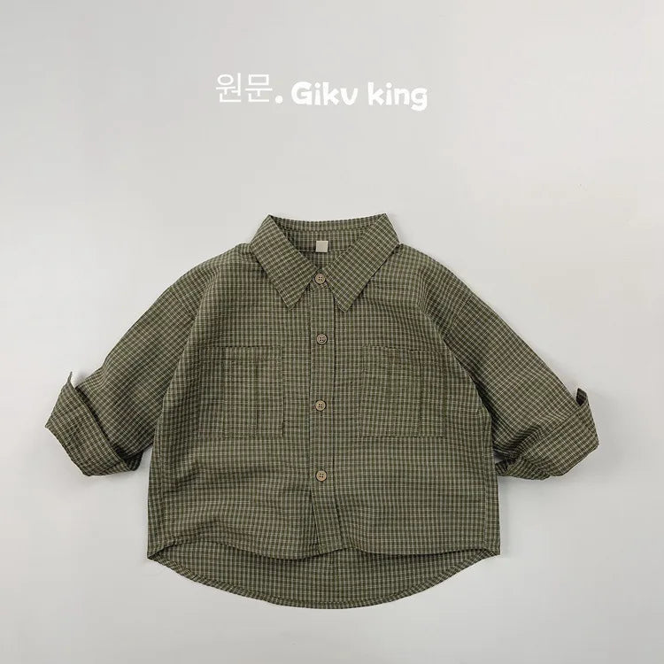 2025 Spring New Children Long Sleeve Lapel Plaid Shirts Infant Boys Vintage Casual Coat Toddler Girls Pocket Tops Kids Clothes