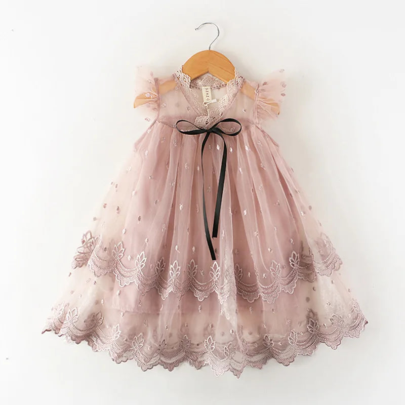 3 to 8 Years Summer Princess Girls Sweet Dress Floral Print Ruffles Sleeve Lace Tutu Mini Dress