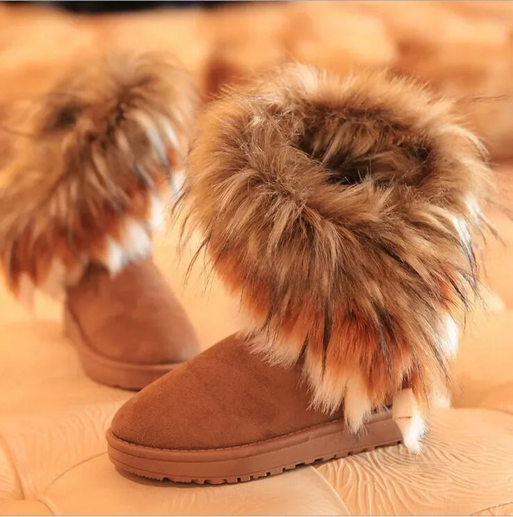 Mid-Calf Fox Fur Snow Boots
