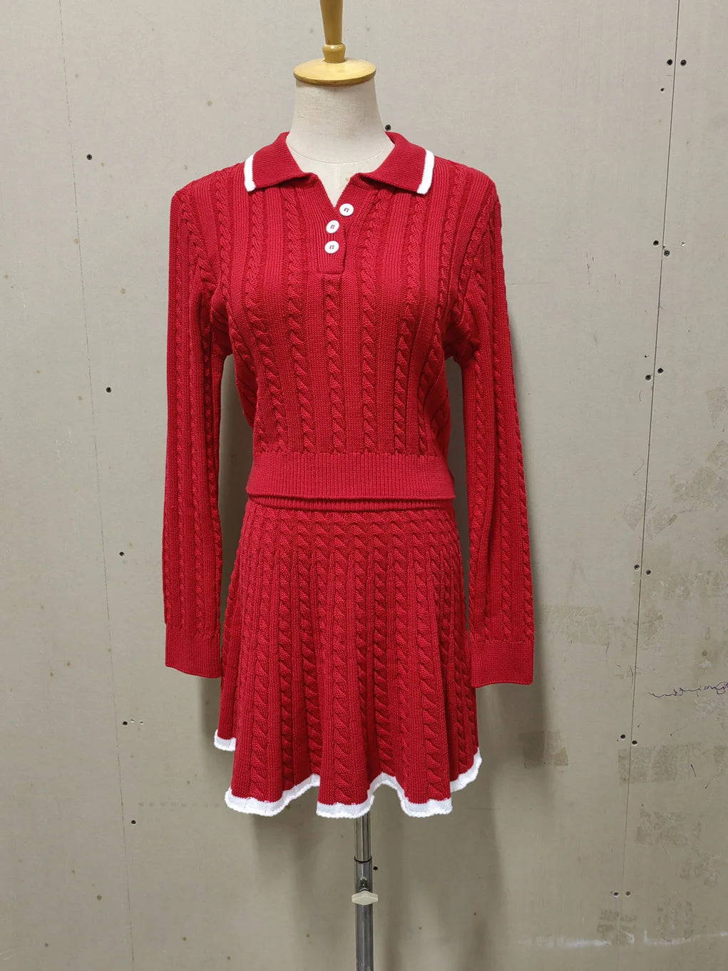 Patchwork Contrast Long Sleeve Lapel Pullover And High Waist Mini Skirt Outfit