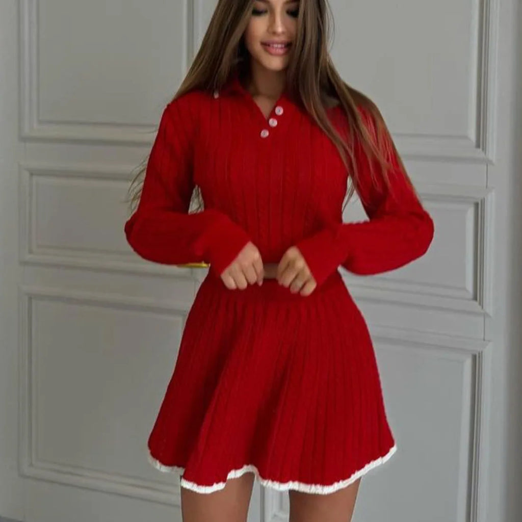 Patchwork Contrast Long Sleeve Lapel Pullover And High Waist Mini Skirt Outfit
