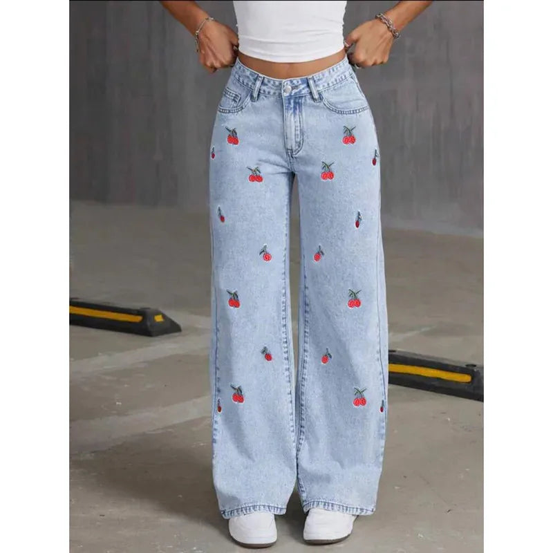 Embroidery High Waist Distressed Washed Jeans
