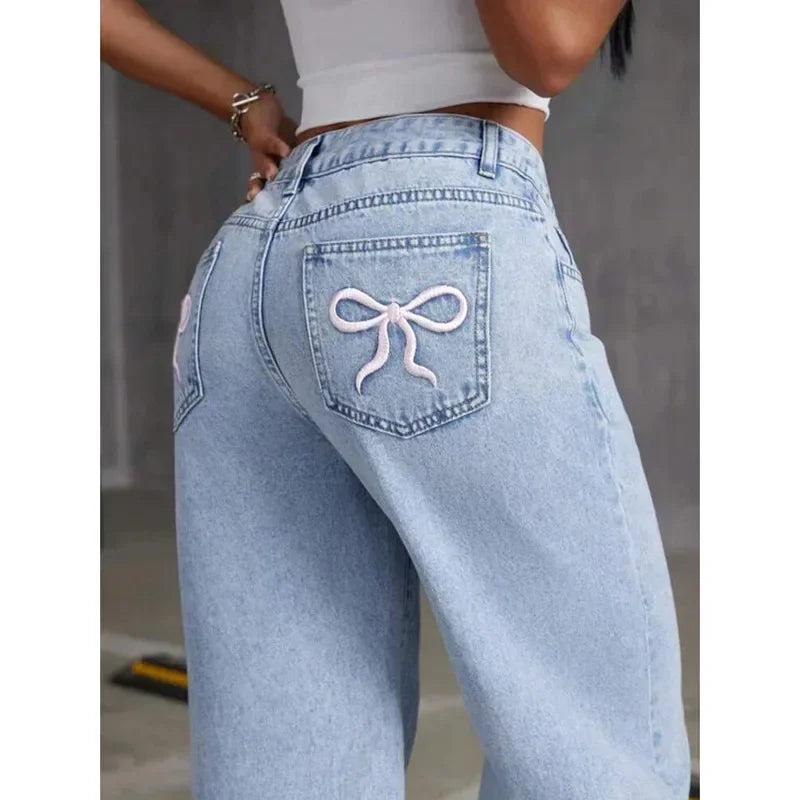 Embroidery High Waist Distressed Washed Jeans