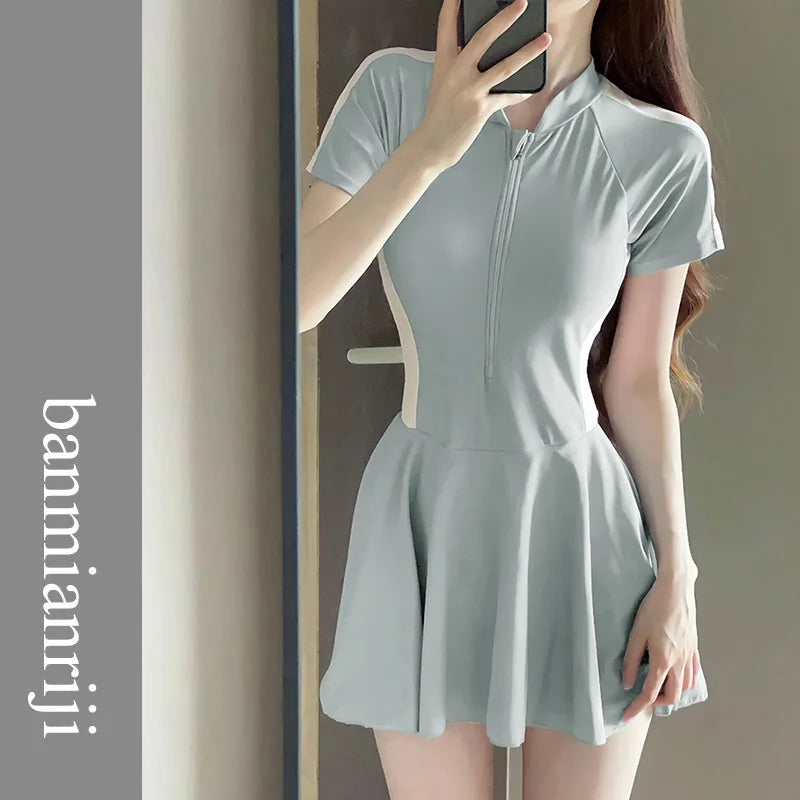 One-Piece Solid Color Short Sleeved Suit