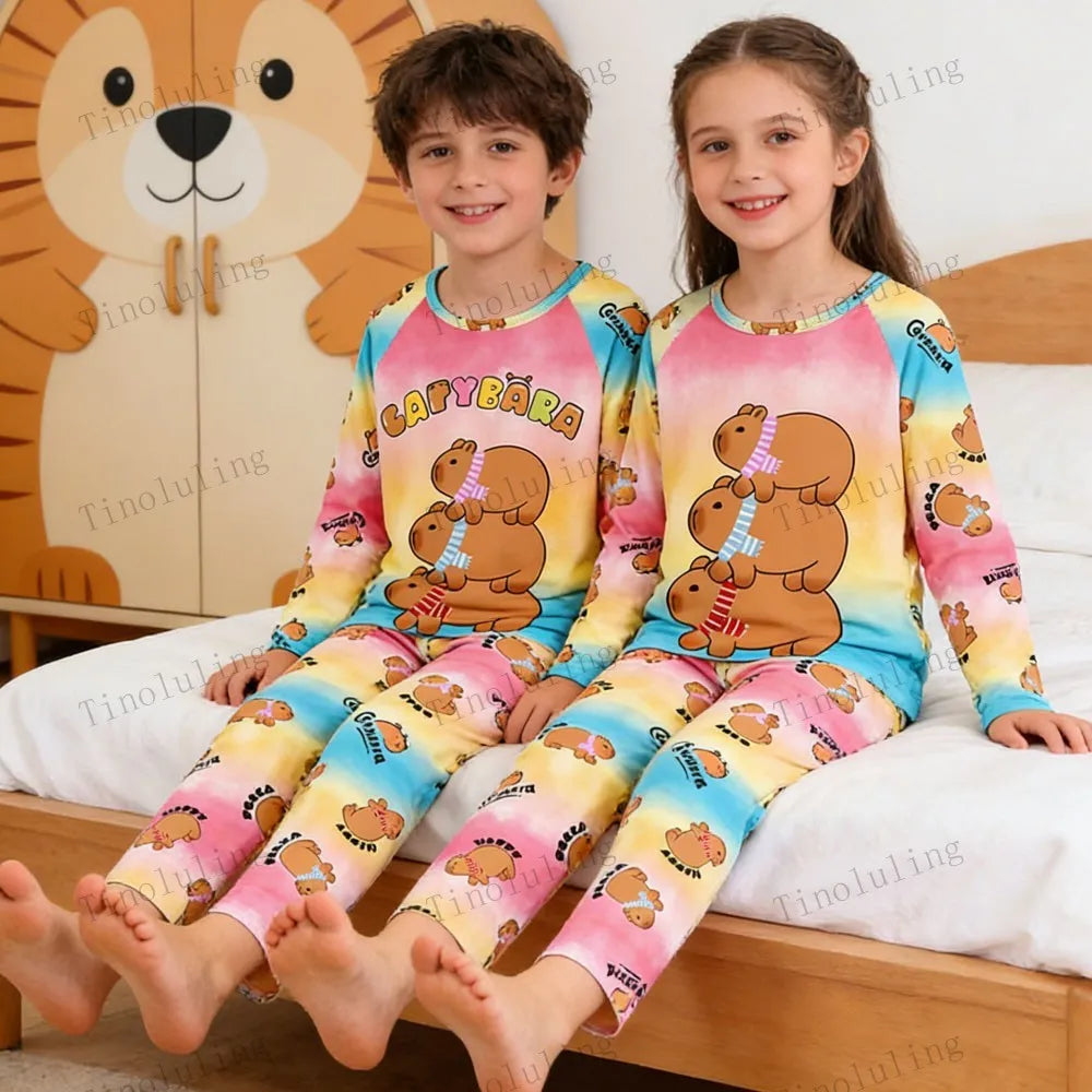 2PC/Set Boys Pajamas Sets Kids Pjs Toddler 3 to 4 5 6 7 8 9 10 11 12 Years Long Sleeve Capybara Funny Pijamas Children Clothing