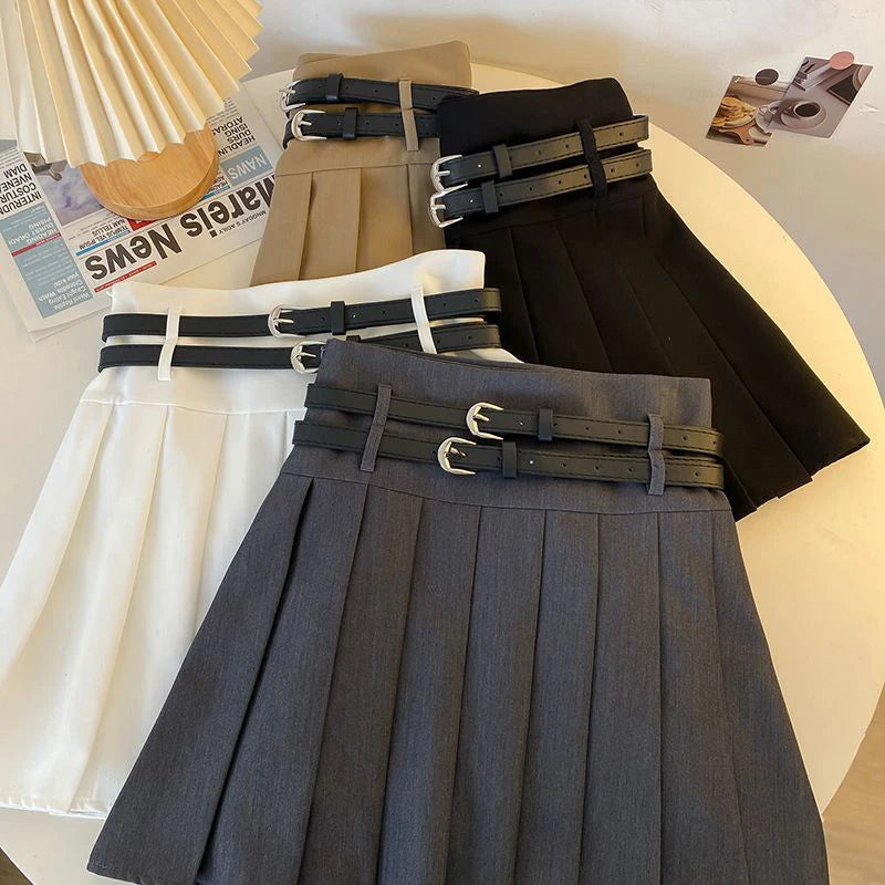 Double Belt Pleated Skirt