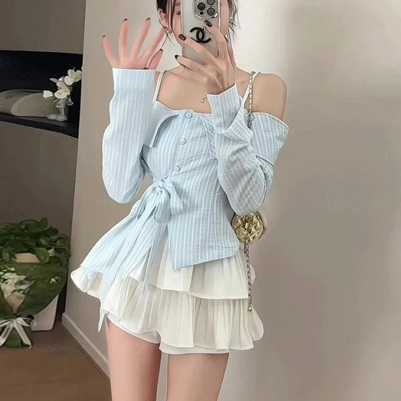 Blue Off Shoulder Irregular Slash Neck Long Sleeve Blouse