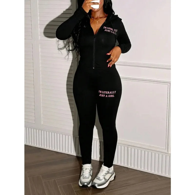 "Literally Just A Girl" Graphic Set - Edgy Black Zip Hoodie & Tights Co-ord