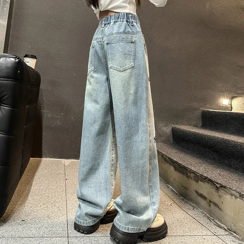 2026 Spring Child Casual Jeans with Bow Embroidery for Girl Fashion High Street Denim Pants Kids High-waisted Jeans Trousers