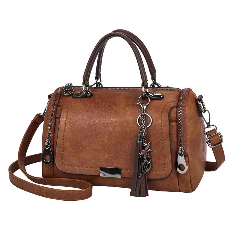 Textured Crossbody Satchel with Tassel Charm
