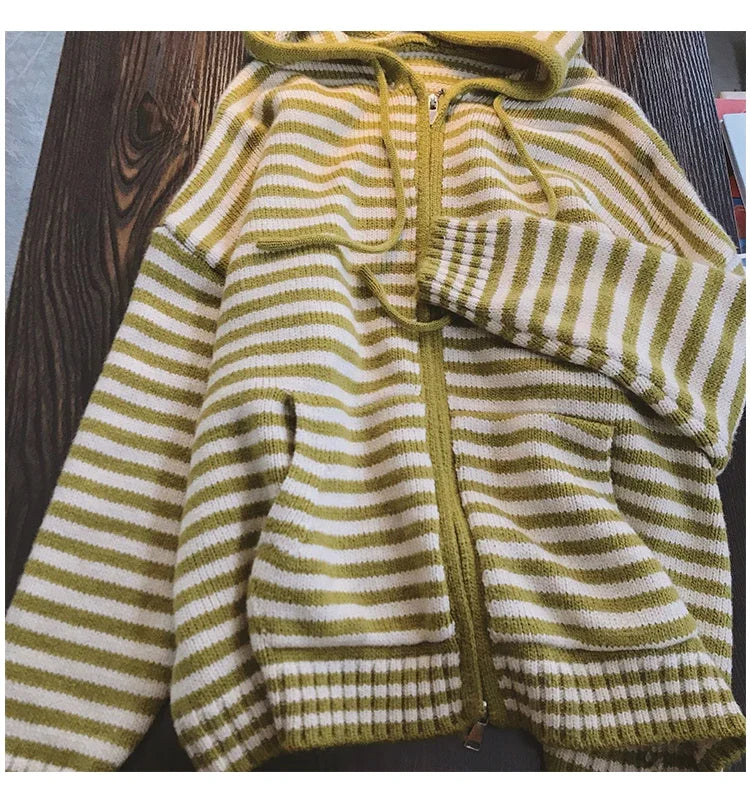 Contrast Color Stripe Hood Knit Cardigan Women Autumn and Winter New Loose Design Sense Long Sleeve Cardigan Sweater Outerwear