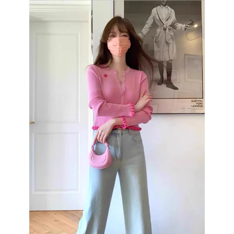 Women Clothing Knitting Cardigan Coat Spring Autumn New Sweet O-neck Long Sleeve All-match Sweater Casual Ruffles Slim Top Tee