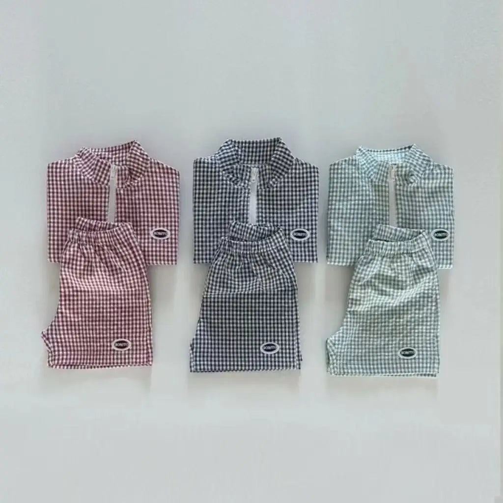 Children's Plaid Loose Coat New 0-5Y Boys Long Sleeve Sunscreen Jacket +shorts Girls Zippered Jacket Top Shorts Sun Proof Sets