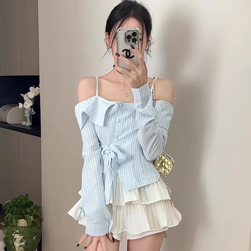 Blue Off Shoulder Irregular Slash Neck Long Sleeve Blouse