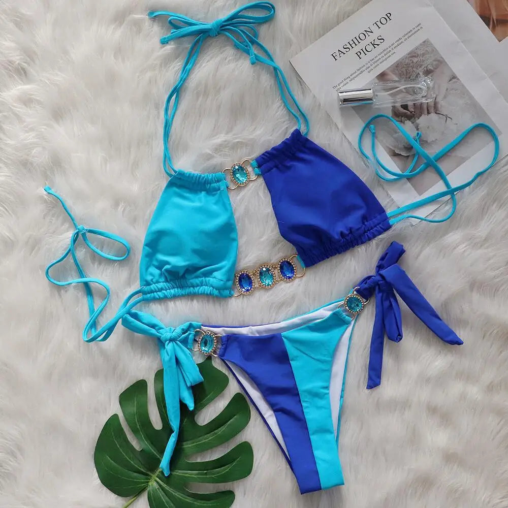 Rhinestones Splicing Bikini Set