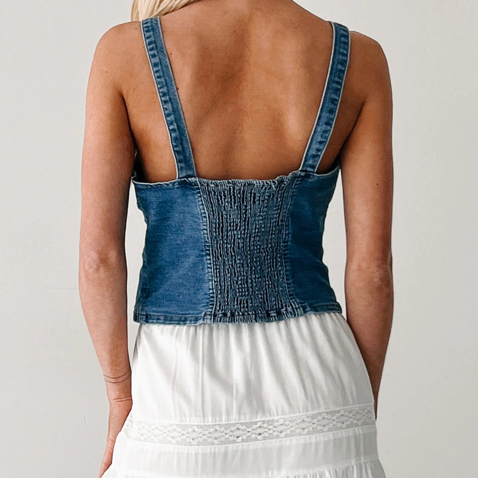 Metal Button-up Deep V Neck Denim Vest