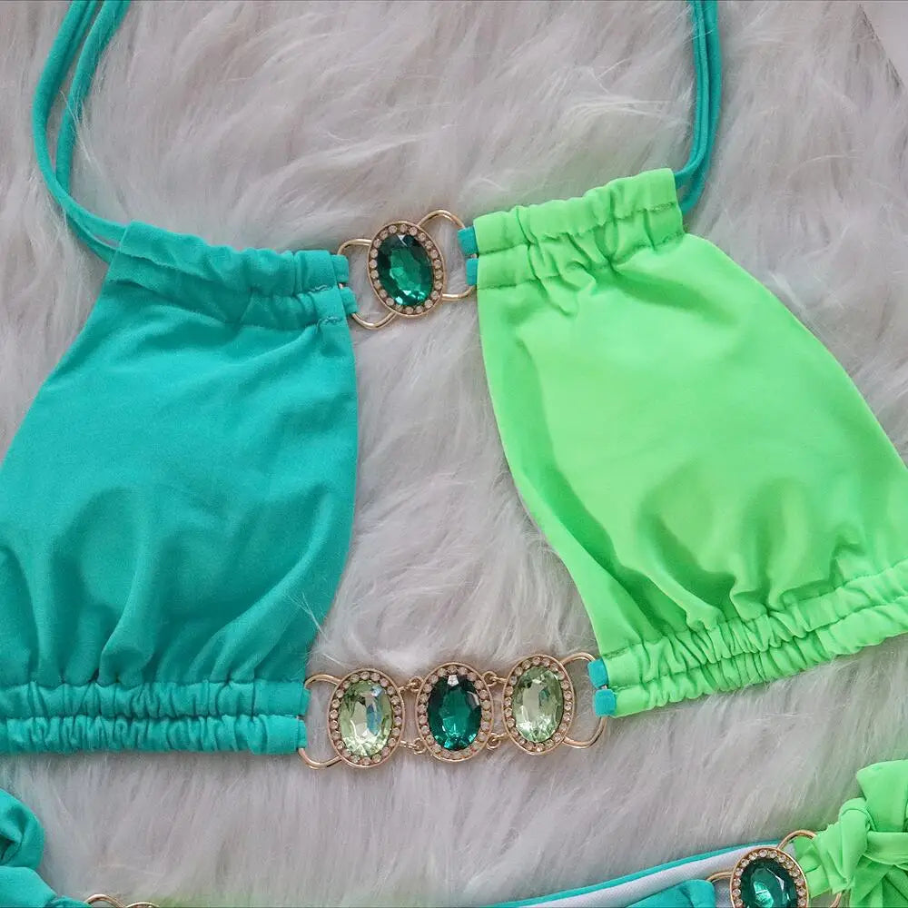 Rhinestones Splicing Bikini Set