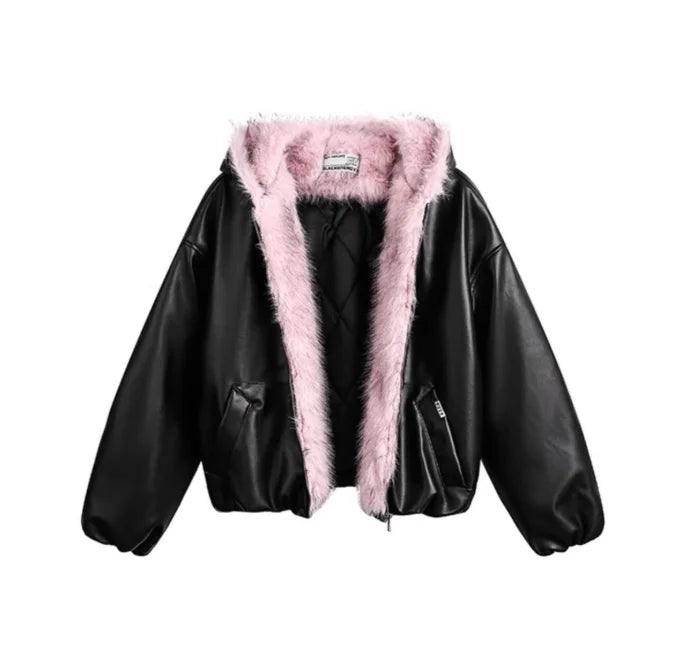 Faux Fur Solid Leather Jacket