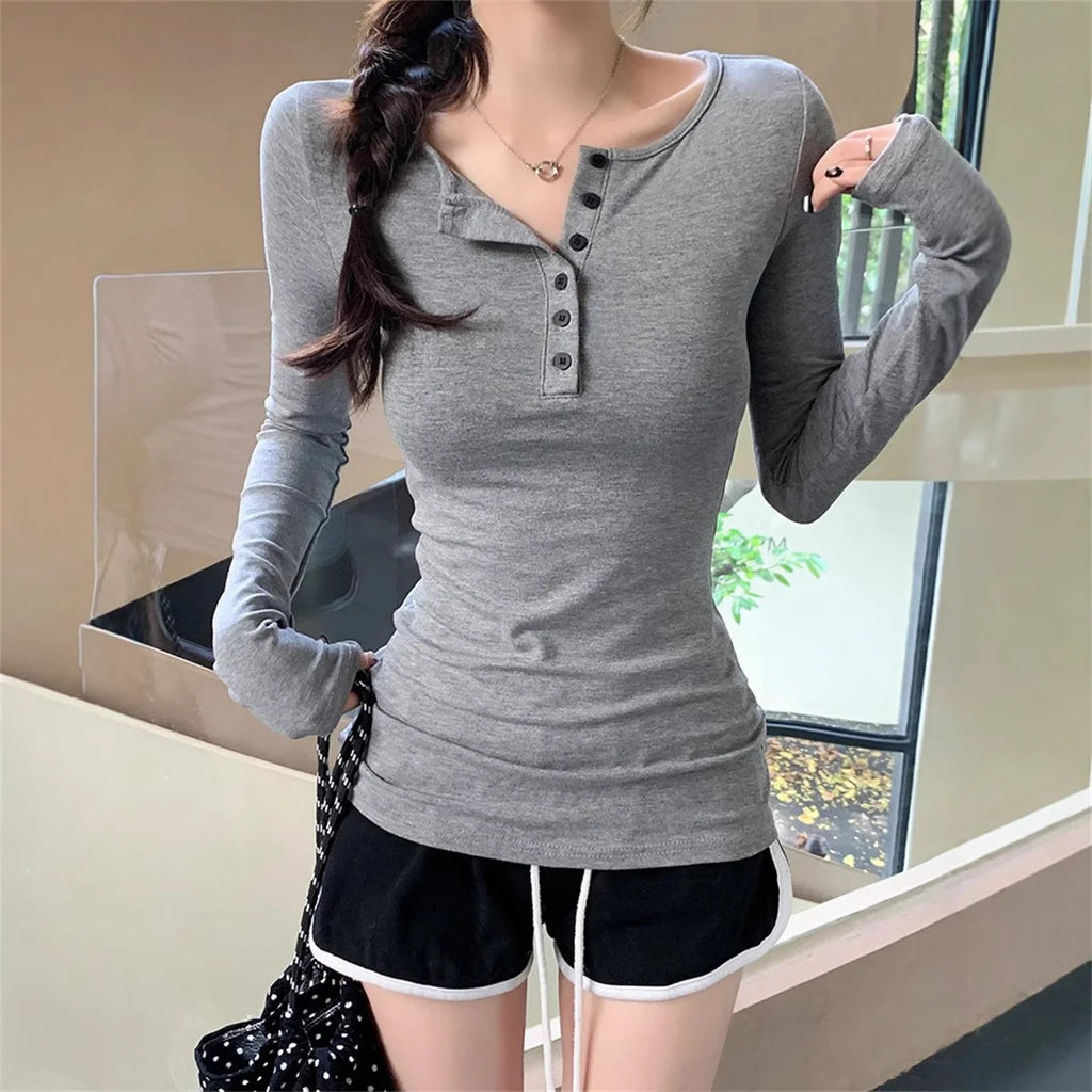 Slim Long Sleeve Shirts Button Solid Pullover Top