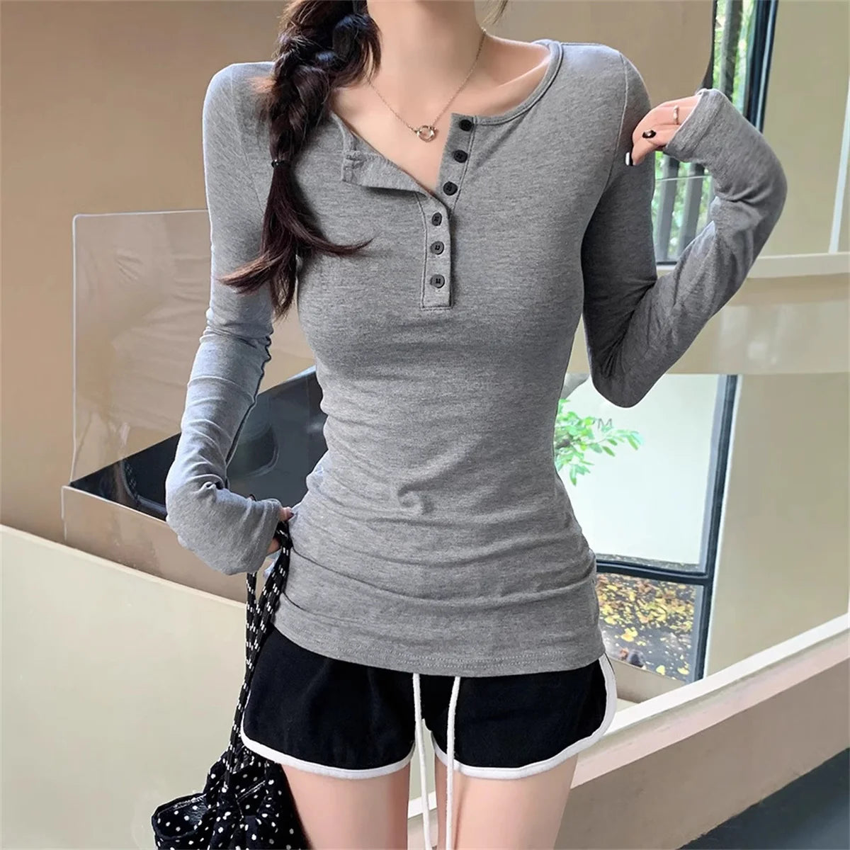 Slim Long Sleeve Shirts Button Solid Pullover Top