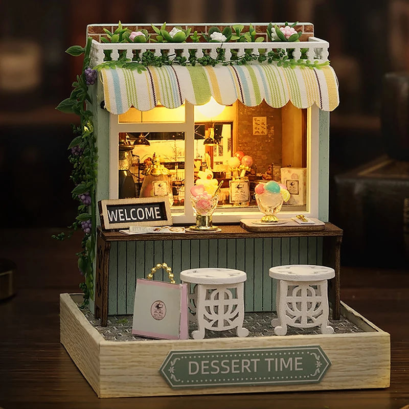 Wooden Miniature Doll House DIY Handmade Assembly Model Building Kit With Dust Cover