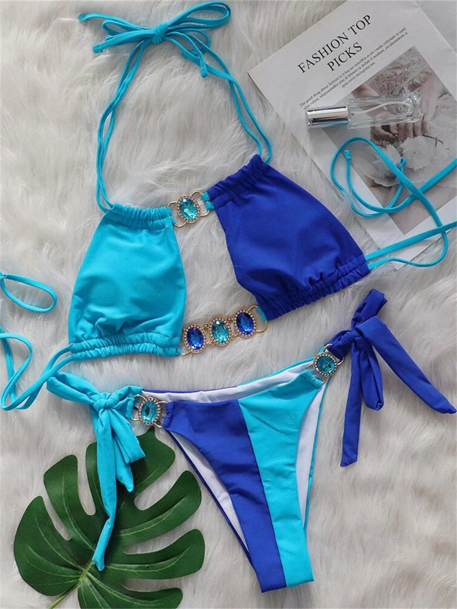 Rhinestones Splicing Bikini Set