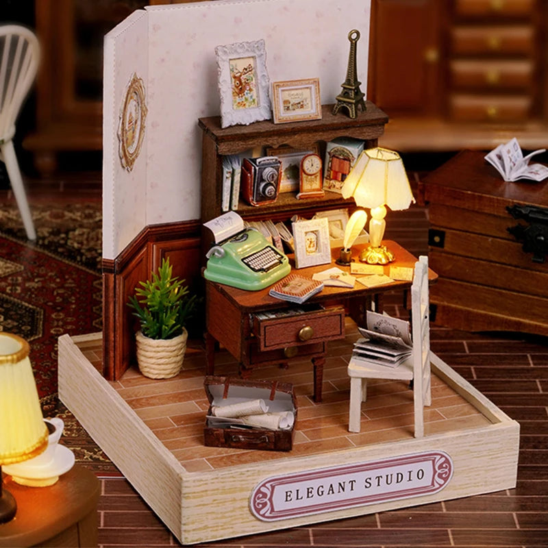 Wooden Miniature Doll House DIY Handmade Assembly Model Building Kit With Dust Cover