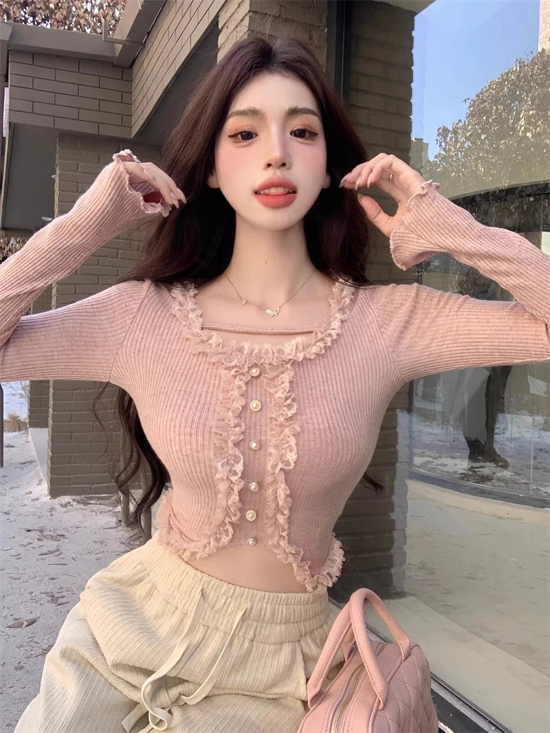 Square Collar Lace Basic Crop Top