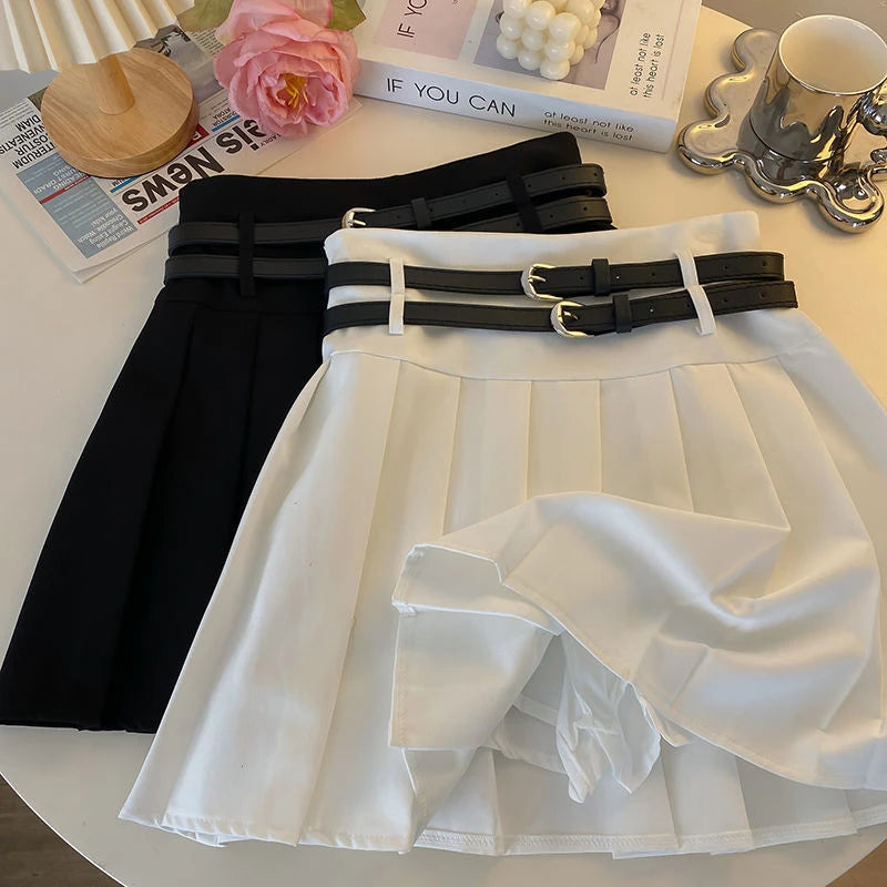 Double Belt Pleated Skirt